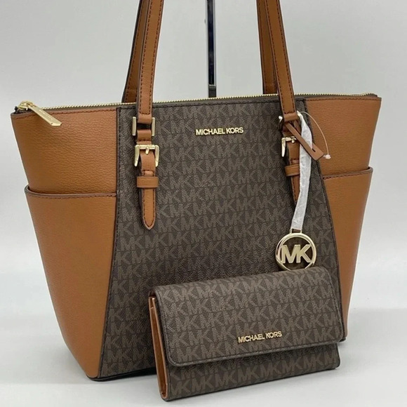 Michael Kors Large Charlotte Tote Bag & Large Trifold Wallet Brown - Picture 2 of 11